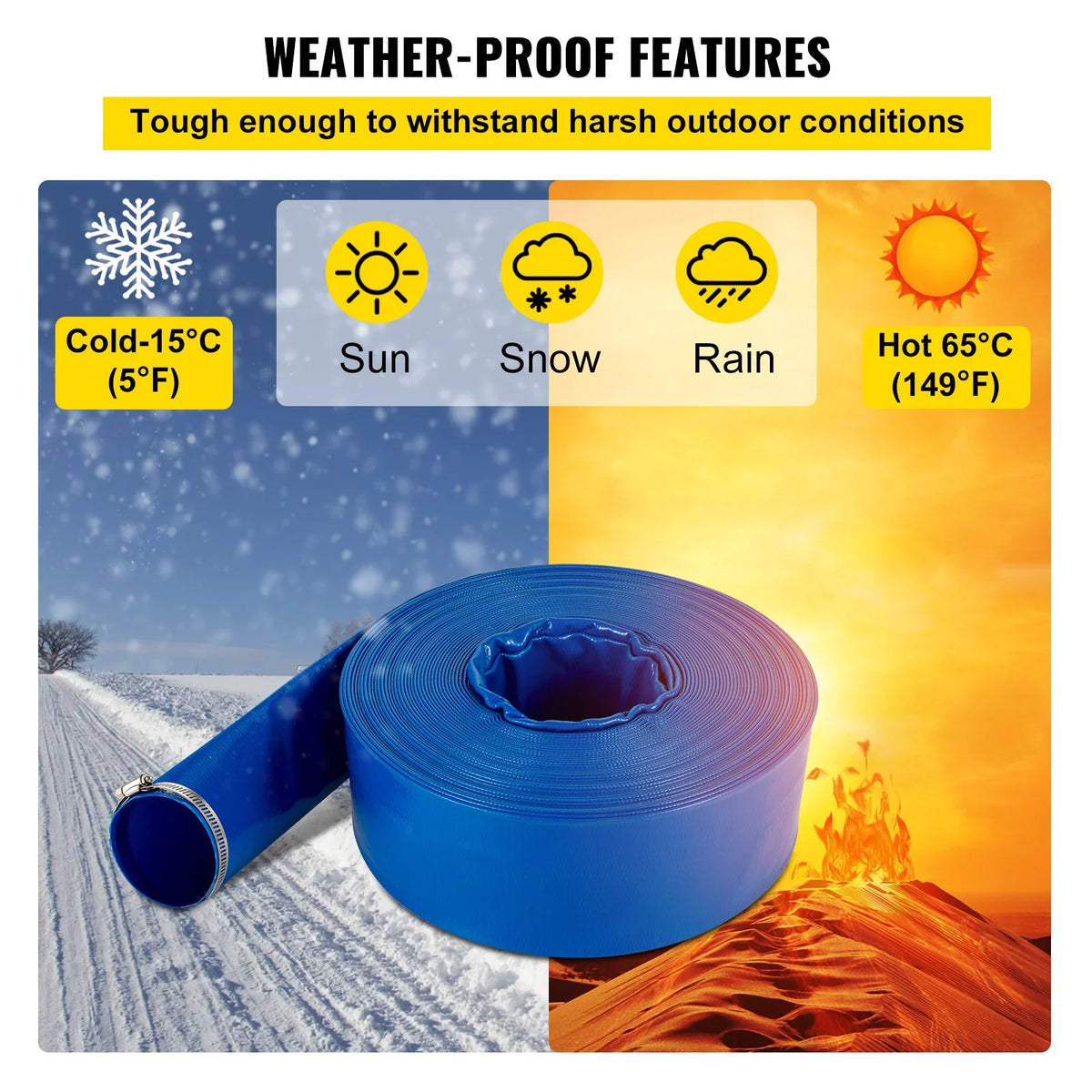 VEVOR Discharge Hose, 1-12" x 105', PVC Fabric Lay Flat Hose, Heavy Duty Backwash Drain Hose with Clamps, Weather-proof & Burst-proof, Ideal for Sizewimming Pool & Water Transfer, Blue