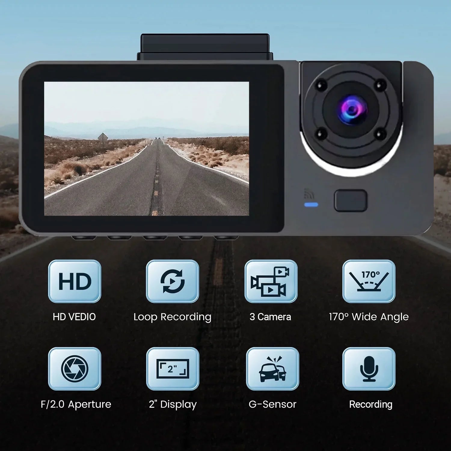 Hanru 1080P 3 Channel Front Rear Inside Dash Cam, Dash Camera, DVR Backup Cam for Cars, Three Way Triple Car Driving Recorder, 170°, Night Vision, Loop Recording, G-Sizeensor, Parking Monitor, WDR