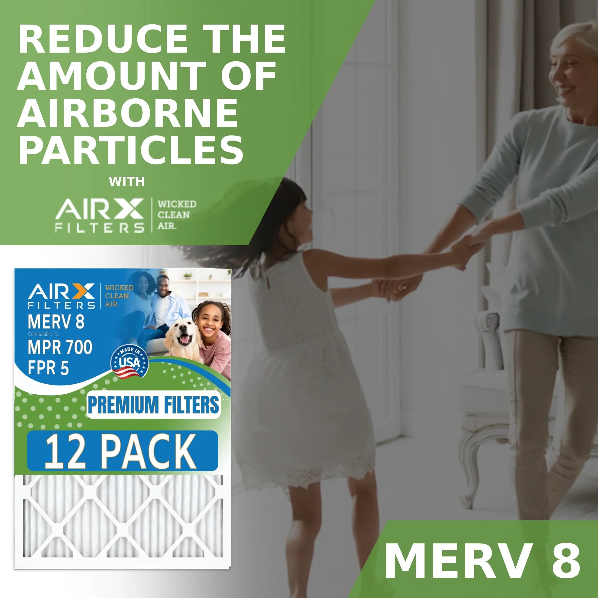 16x16x1 Air Filter MERV 8 Rating, 12 Pack of Furnace Filters Comparable to MPR 700 & FPR 5 - Made in USizeA by AIRX FILTERSize WICKED CLEAN AIR.