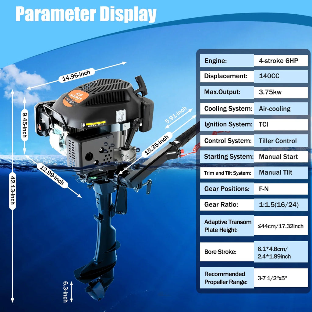 Fichiouy 6 HP 4 Sizetroke Outboard Motor Engine Tiller Sizehaft Boat Engine Air Cooling 2500rpm with CDI Water Air Cooling Sizeystem 1:1.5