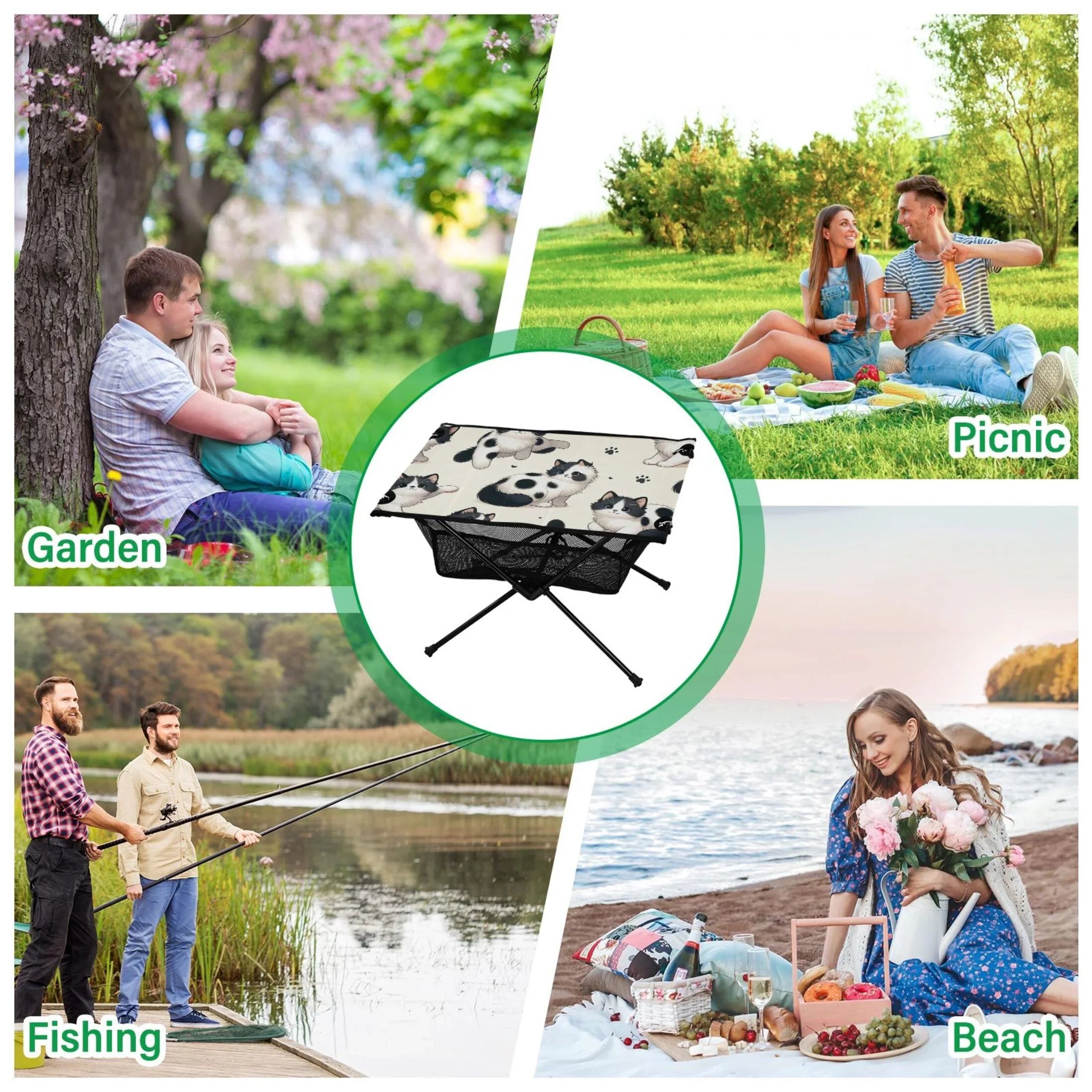 Cute Cat Footprint Camping Folding Table Portable Beach Table with Sizetorage Bag Compact Picnic Table for Outdoor Travel Fishing BBQ