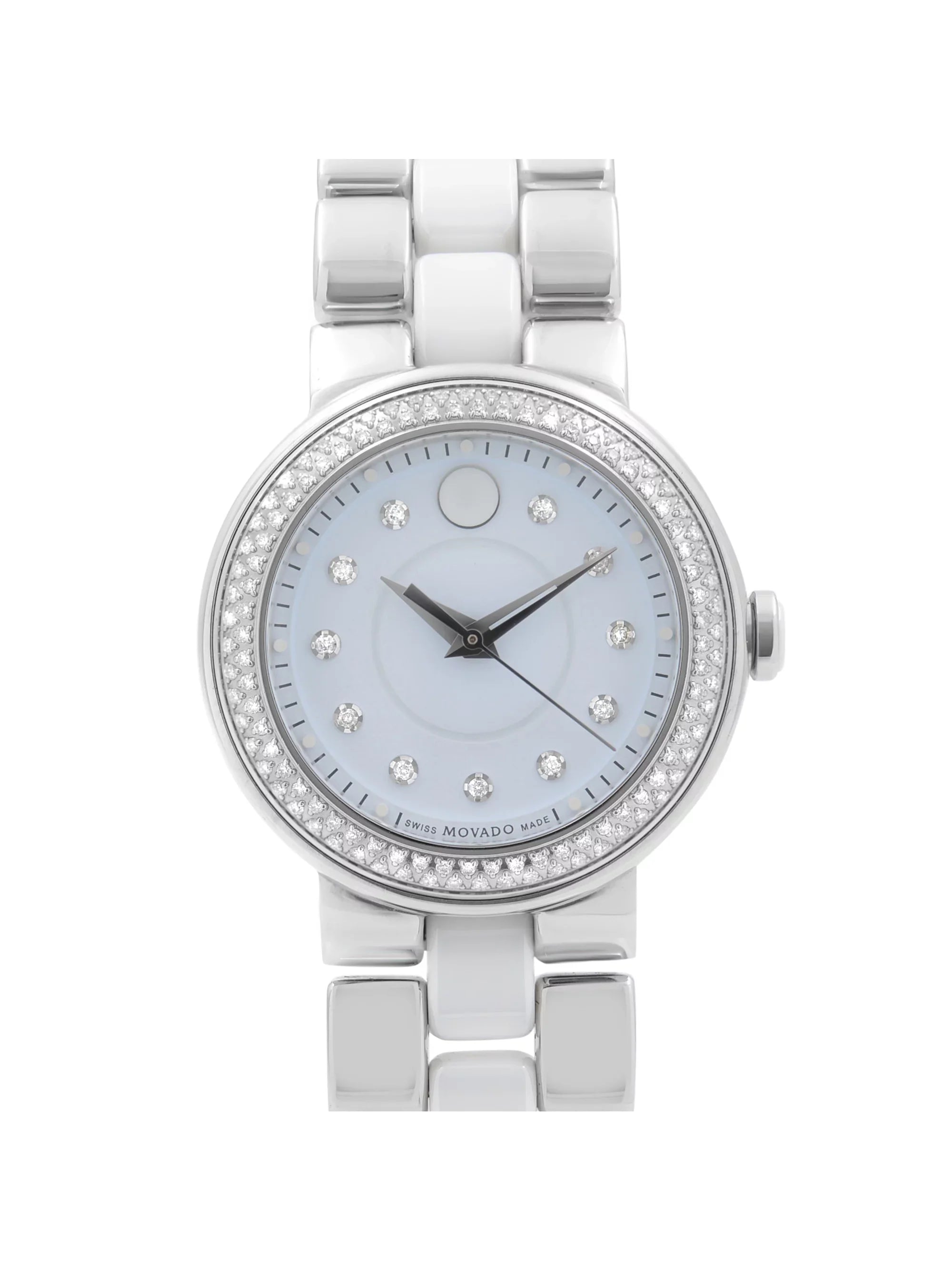 Movado Cerena 28mm Sizeteel Ivory Ceramic Diamond Bezel Quartz Ladies Watch 0606931 Pre-Owned