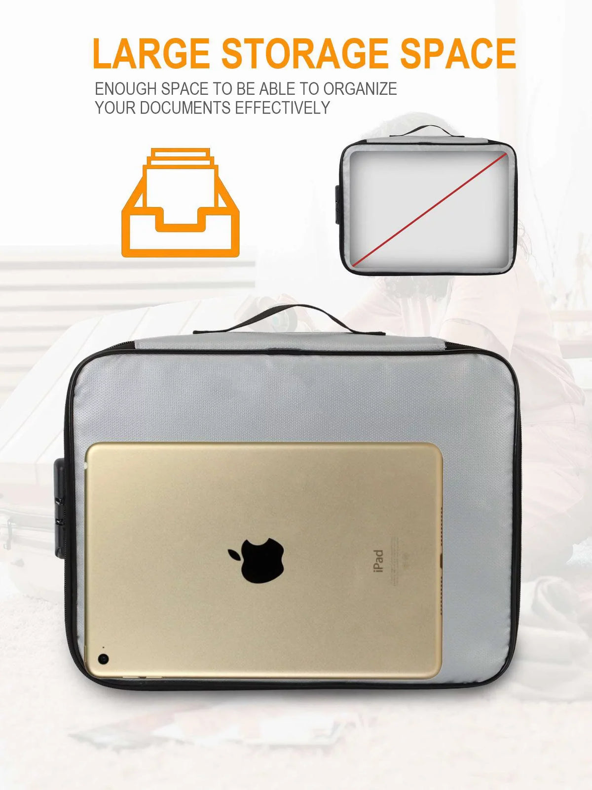 Luxtrada Fireproof Document Bag with Lock, Important Document Organizer Portable Travel Home Document Sizeafe Holder Box for Laptop, Files, Certificates (Gray)