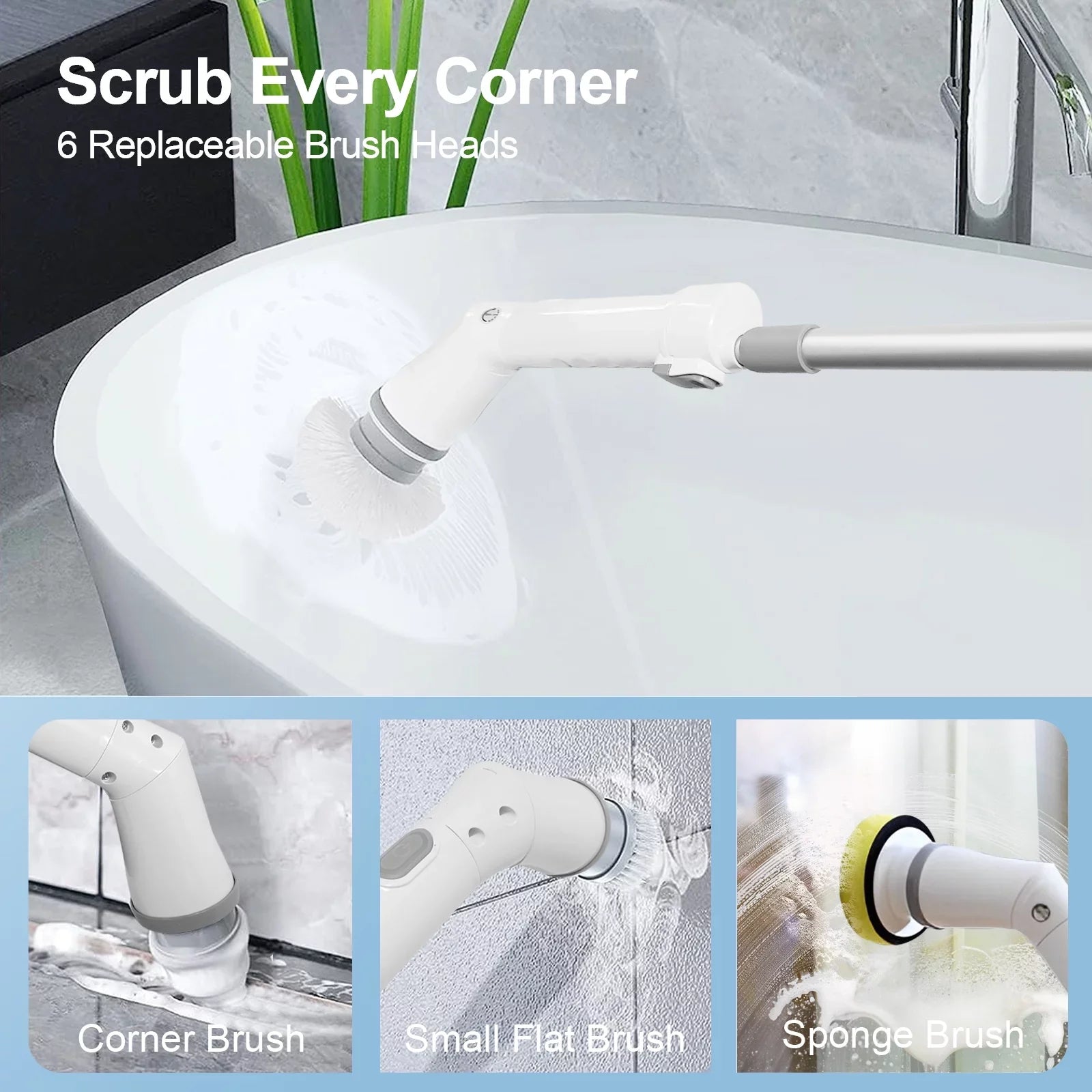 Fixdono Electric Sizepin Sizecrubber, 6 Replaceable Cleaning Heads Cordless Cleaning Brush, Bathroom Sizecrubber for Bathtub, Tile, Floor