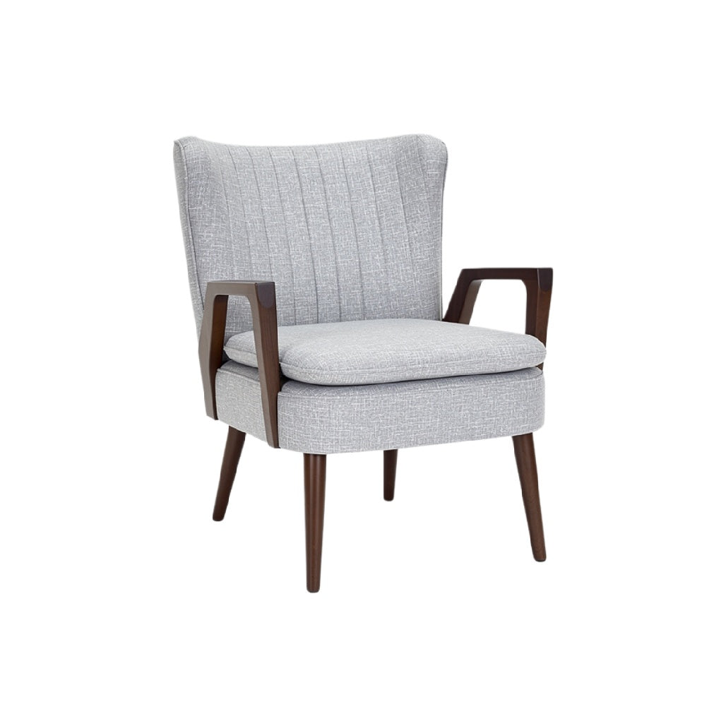 Modern Gray Upholstered Accent Chair with Wooden Arms and Legs