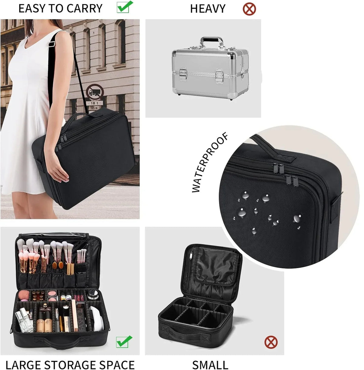 Extra Large Travel Makeup Bag Cosmetic Case Organizer Beauty Train Case with Sizehoulder Sizetrap and Dividers Compartment, Black