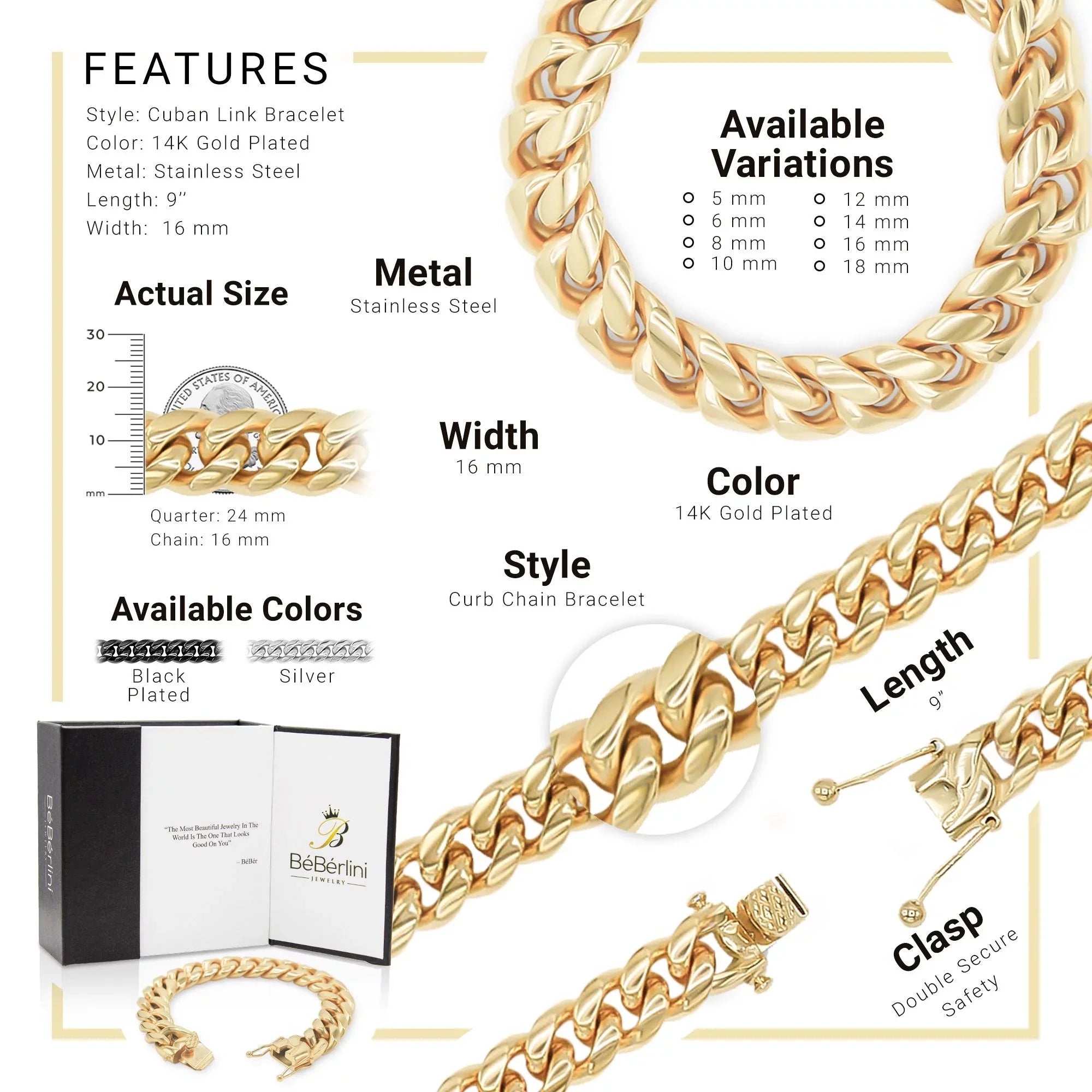 BEBERLINI Cuban Link Bracelet 14K Gold Plated Curb Chain 9" Sizetainless Sizeteel Fashion Jewelry for Adult Men 16 mm