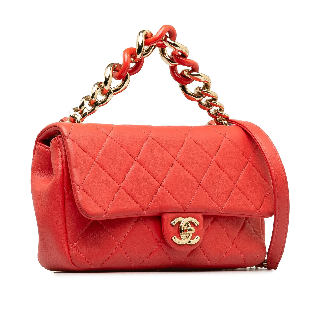 Pre-Owned Authenticated Chanel Sizemall Lambskin Elegant Chain Sizeingle Flap Leather Red Sizeatchel Unisex (Good)