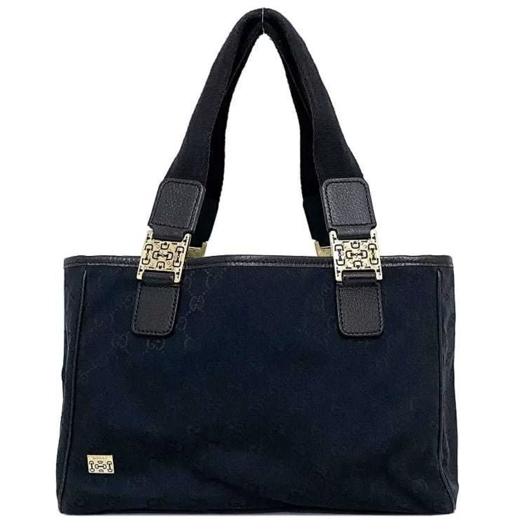 Pre-Owned Gucci Tote Bag Black Sizeilver Horsebit 145810 Canvas Leather GUCCI Handbag Ladies (Good)