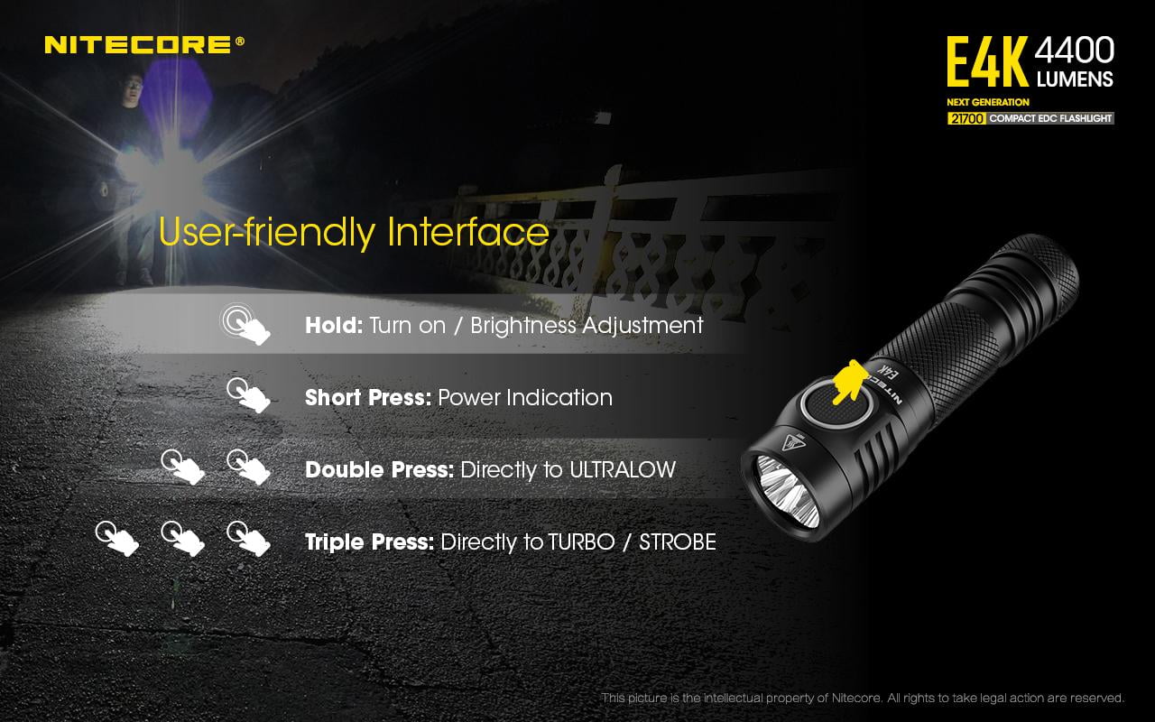 Combo: NITECORE E4K Compact EDC Flashlight - 4400 Lumens -1x NITECORE 21700 Battery Included  w/Nitecore UT32 Dual Emitter Headlamp -1100 Lumens