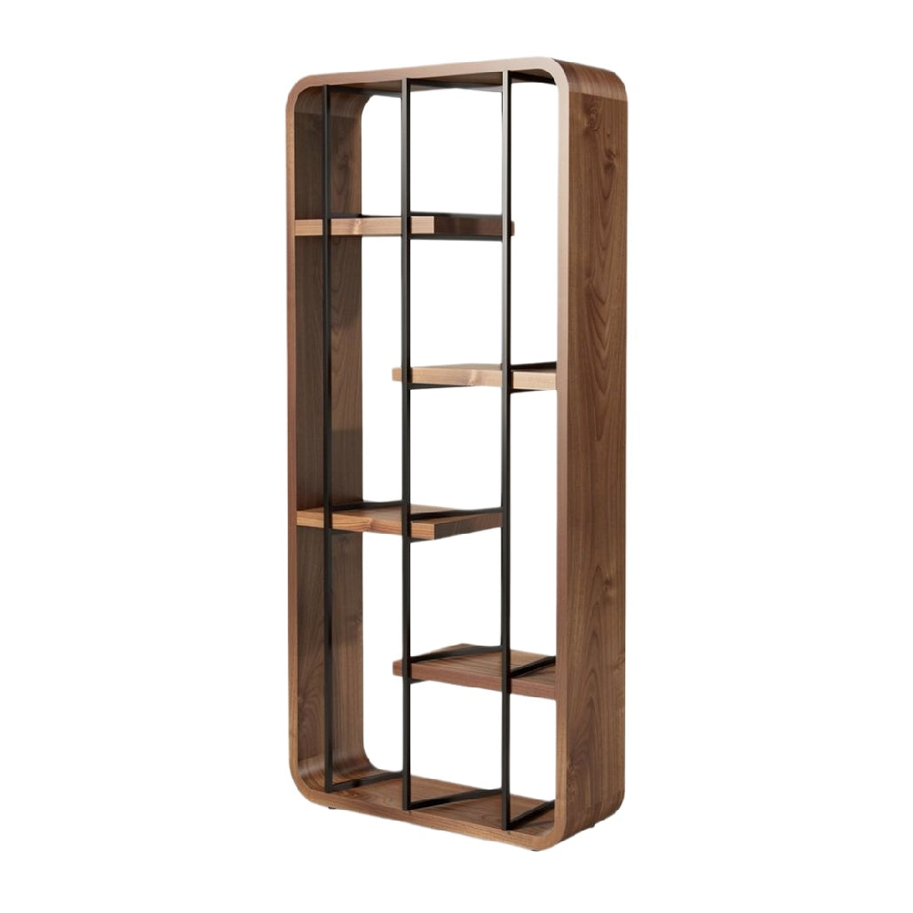 Sleek Wooden and Metal Bookshelf with Open Shelves