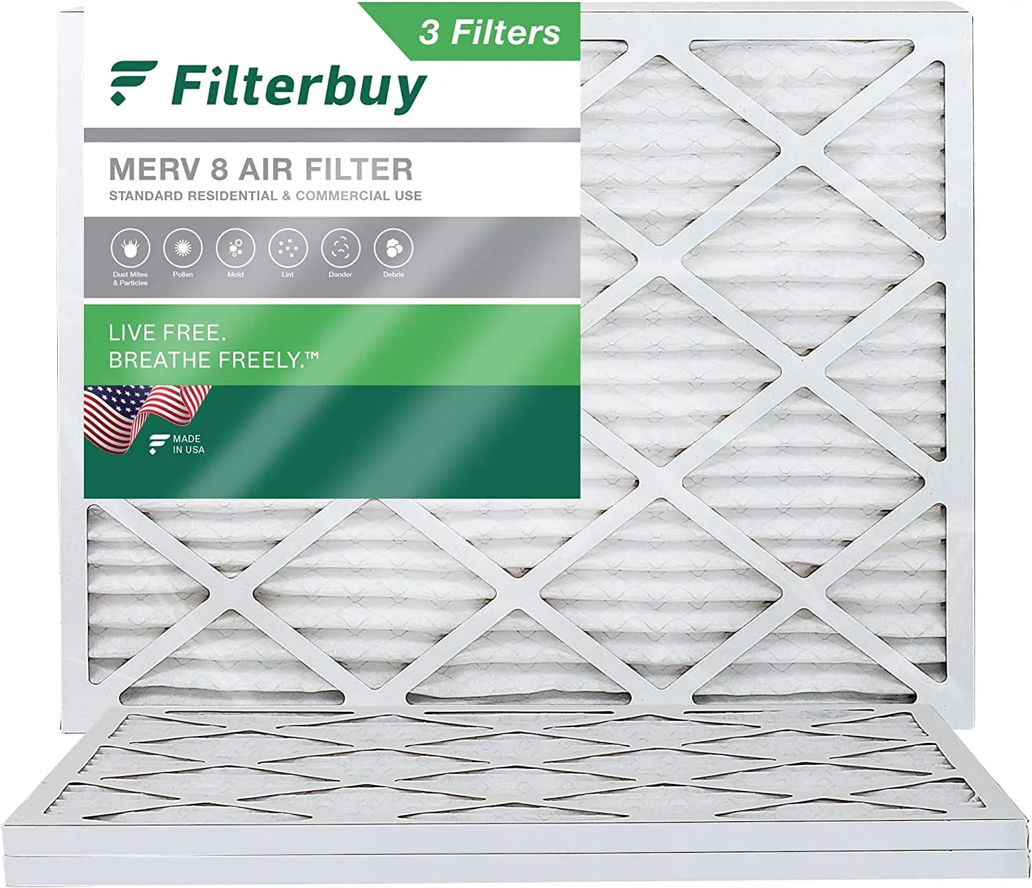 Filterbuy 16.38x21.5x1 MERV 8 Pleated HVAC AC Furnace Air Filters (3-Pack)