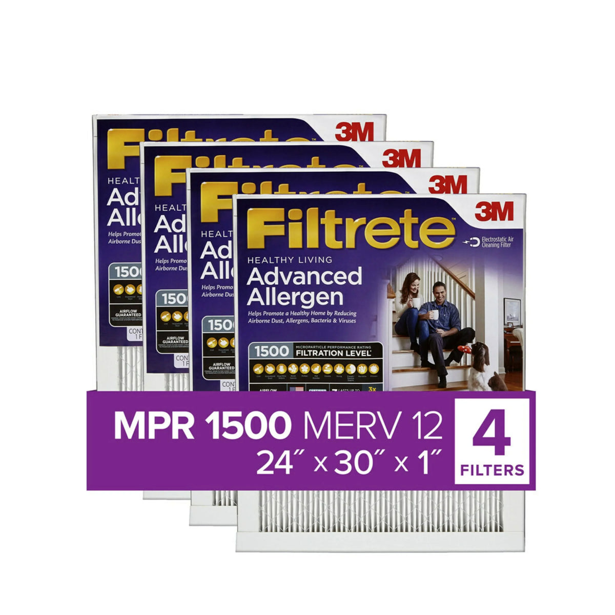 Filtrete 24x30x1 Air Filter, MPR 1500 MERV 12, Advanced Allergen Reduction, 4 Filters