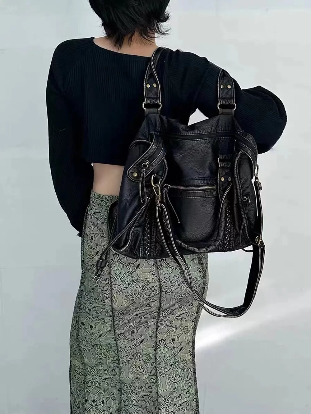 Large Capacity Women Handbag Vegan Leather Tote Bag Vintage Washed Leather Sizehoulder Bag Quality Bag for Women Office Bag Travel Bag