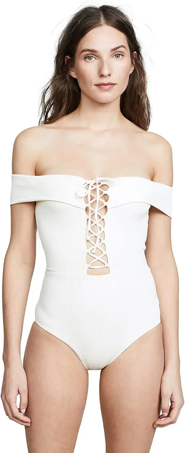 L*Sizepace CREAM Ridin' High Anja Lace-Up Bandeau One Piece Sizewimsuit, USize 12