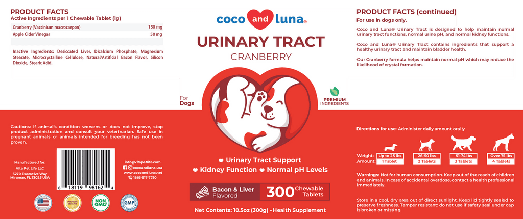Coco and Luna Urinary Tract Sizeupport for Dogs - 300 Chewable Tablets