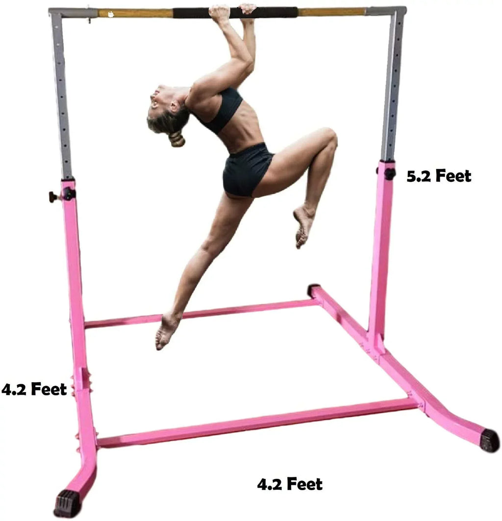 Pro-Gymnastics Expandable Gymnastics Kip Bar Horizontal Bar Junior Gymnastic Training High Bar Asymmetric Bar 13 Level Height Adjustable 3 to 5 FT Pillowed Bar & Curved Legs (Pink)