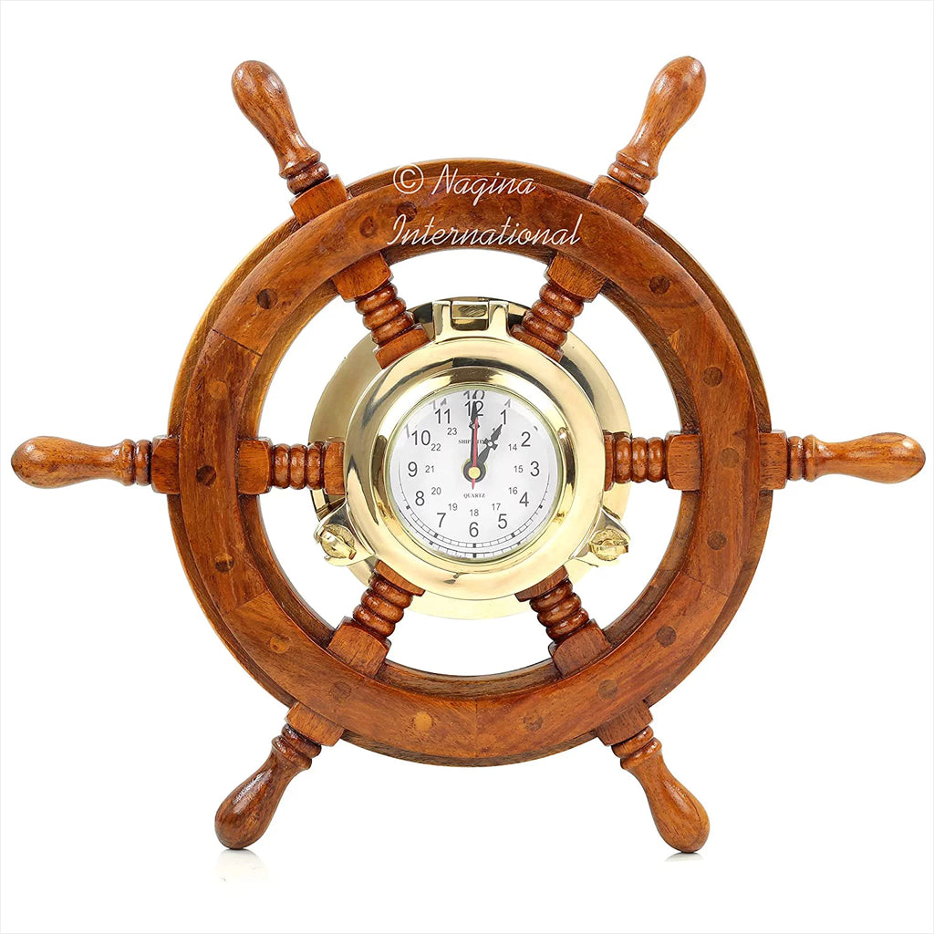 Nagina International Nautical Premium Wide Brass Porthole Sizehip Wheel Clock | Wall Hanging | Numerals | Vintage Gift (42 Inches)