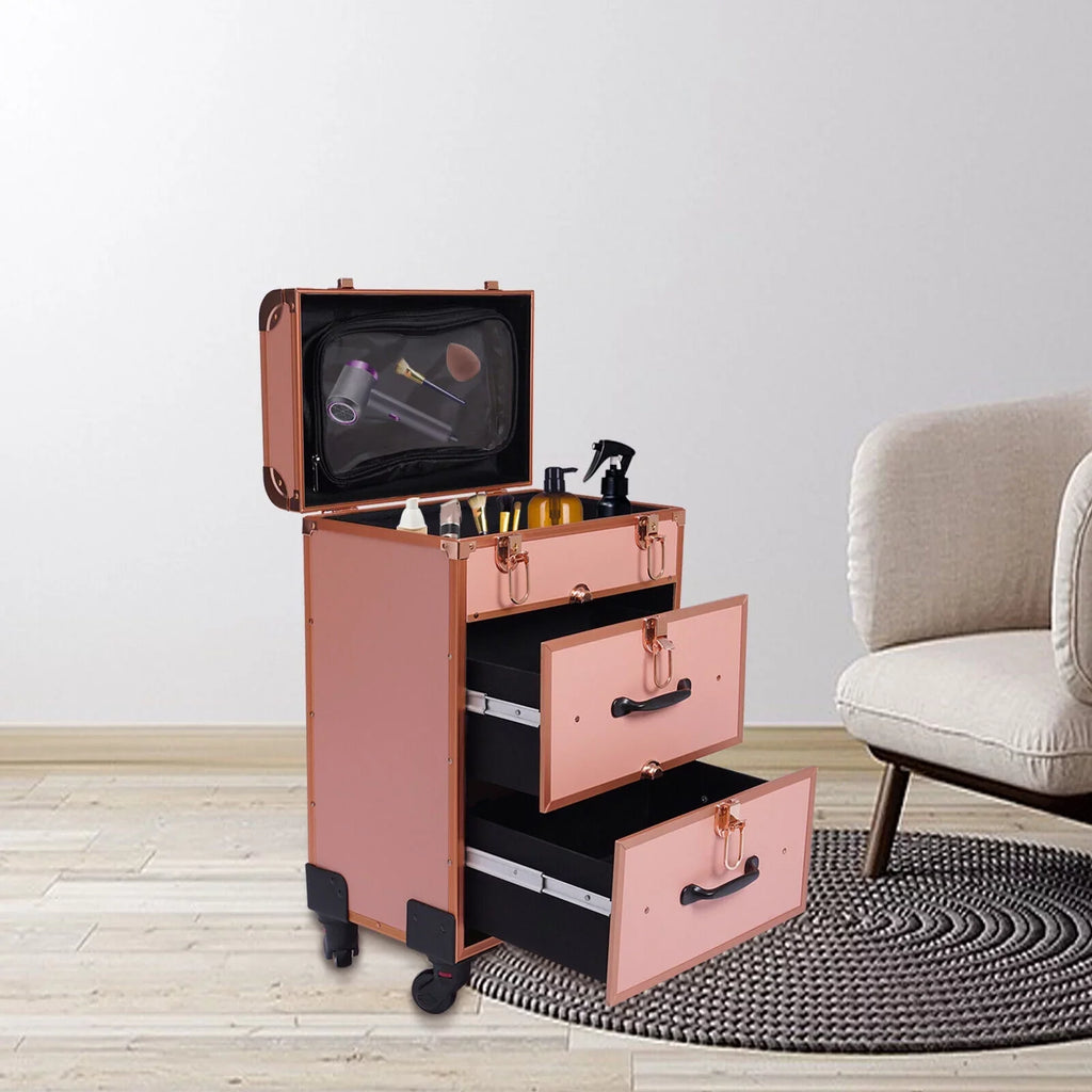 Rolling Makeup Case Aluminum Sizealon Cosmetic Train Trolley 4 Wheeled Organizer