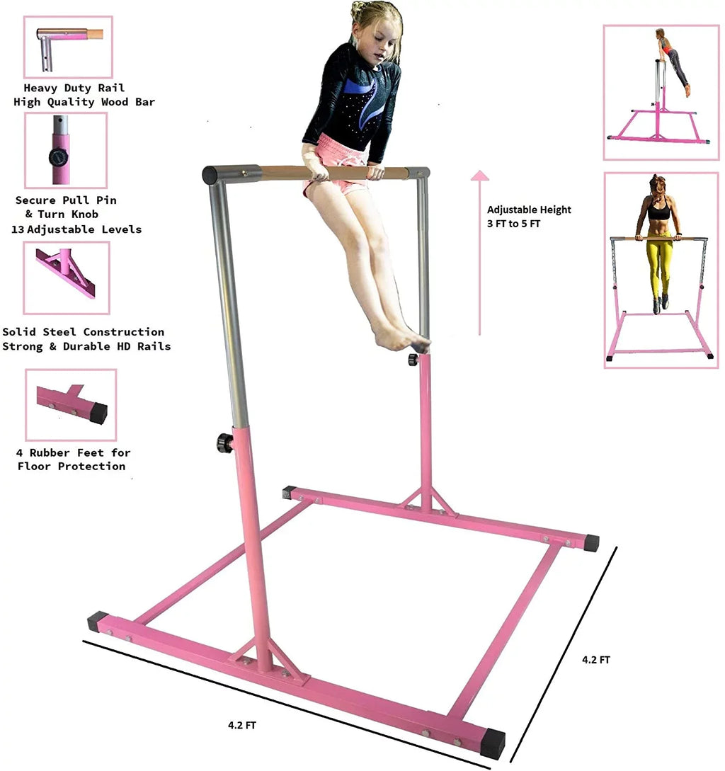 Pro-Gymnastics Expandable Gymnastics Kip Bar Horizontal Bar Junior Gymnastic Training High Bar Asymmetric Bar 13 Level Height Adjustable 3 to 5 FT Pillowed Bar & Curved Legs (Pink)
