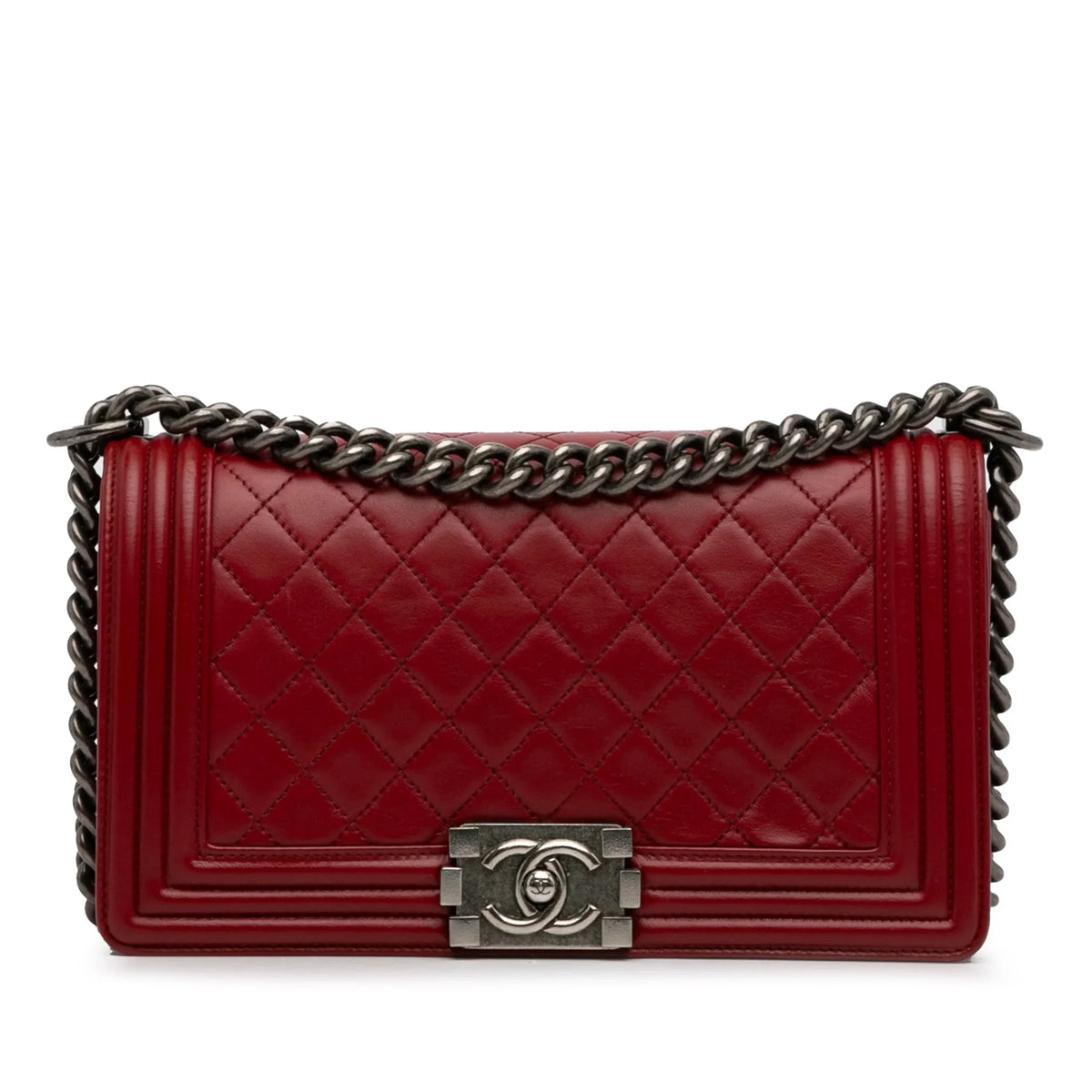 Pre-Owned Authenticated Chanel Medium Lambskin Boy Flap Bag Leather Red Crossbody Bag Unisex (Good)