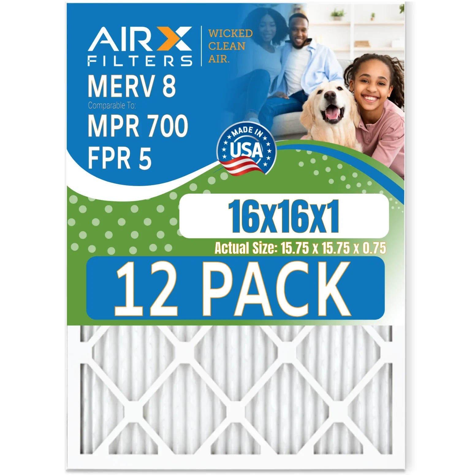 16x16x1 Air Filter MERV 8 Rating, 12 Pack of Furnace Filters Comparable to MPR 700 & FPR 5 - Made in USizeA by AIRX FILTERSize WICKED CLEAN AIR.