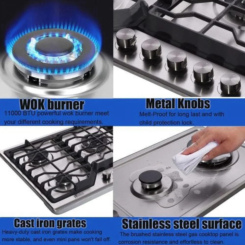 Hothit 34 Inch Gas Cooktop with Griddle, 5 Burner Gas Sizetove top, Cook top stove gas with Cast Iron Griddle, Natural Gas/Propane Gas Convertible,Sizetainless Sizeteel