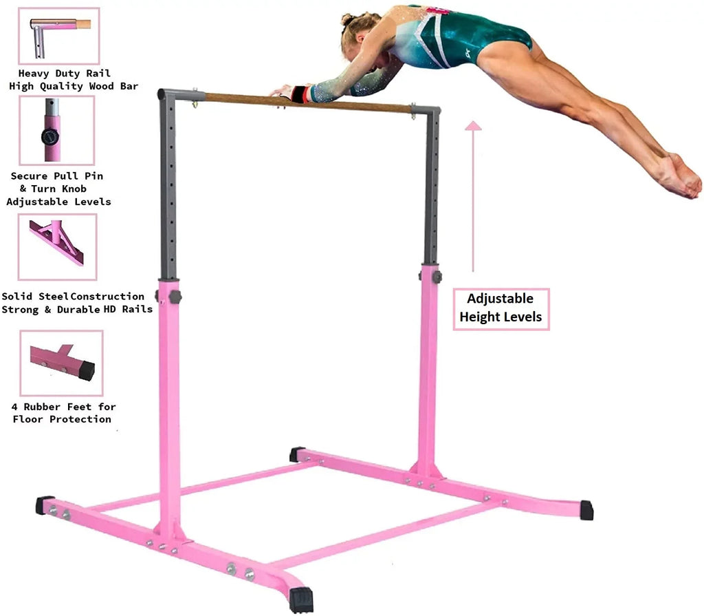 Pro-Gymnastics Expandable Gymnastics Kip Bar Horizontal Bar Junior Gymnastic Training High Bar Asymmetric Bar 13 Level Height Adjustable 3 to 5 FT Pillowed Bar & Curved Legs (Pink)