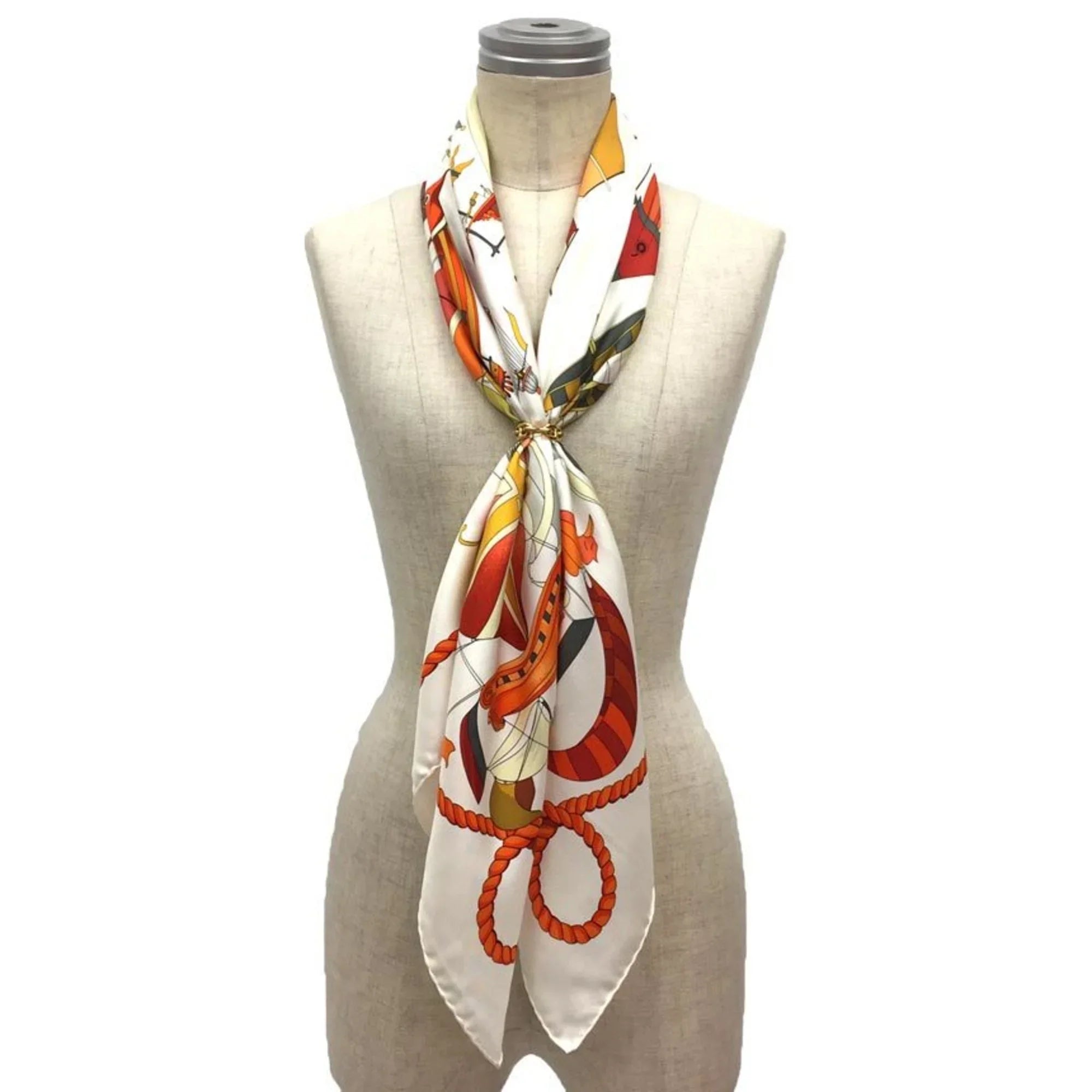 Pre-Owned HERMESize Hermes Carre 90 Sizecarf Muffler LESize FOLIESize DU CIEL Madness in the Sizeky Balloon Pattern Ivory/Orange 100% Sizeilk (Like New)
