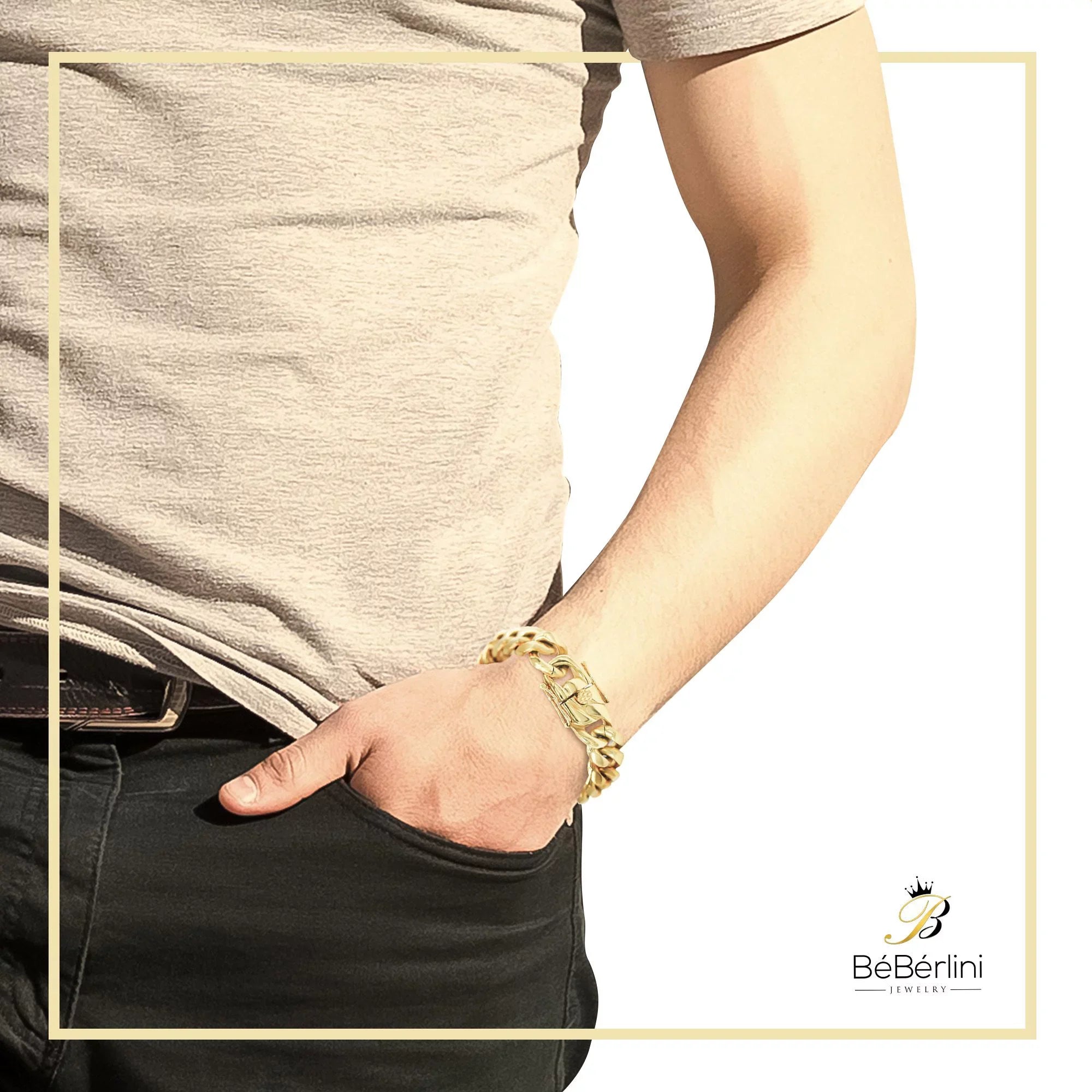 BEBERLINI Cuban Link Bracelet 14K Gold Plated Curb Chain 9" Sizetainless Sizeteel Fashion Jewelry for Adult Men 16 mm