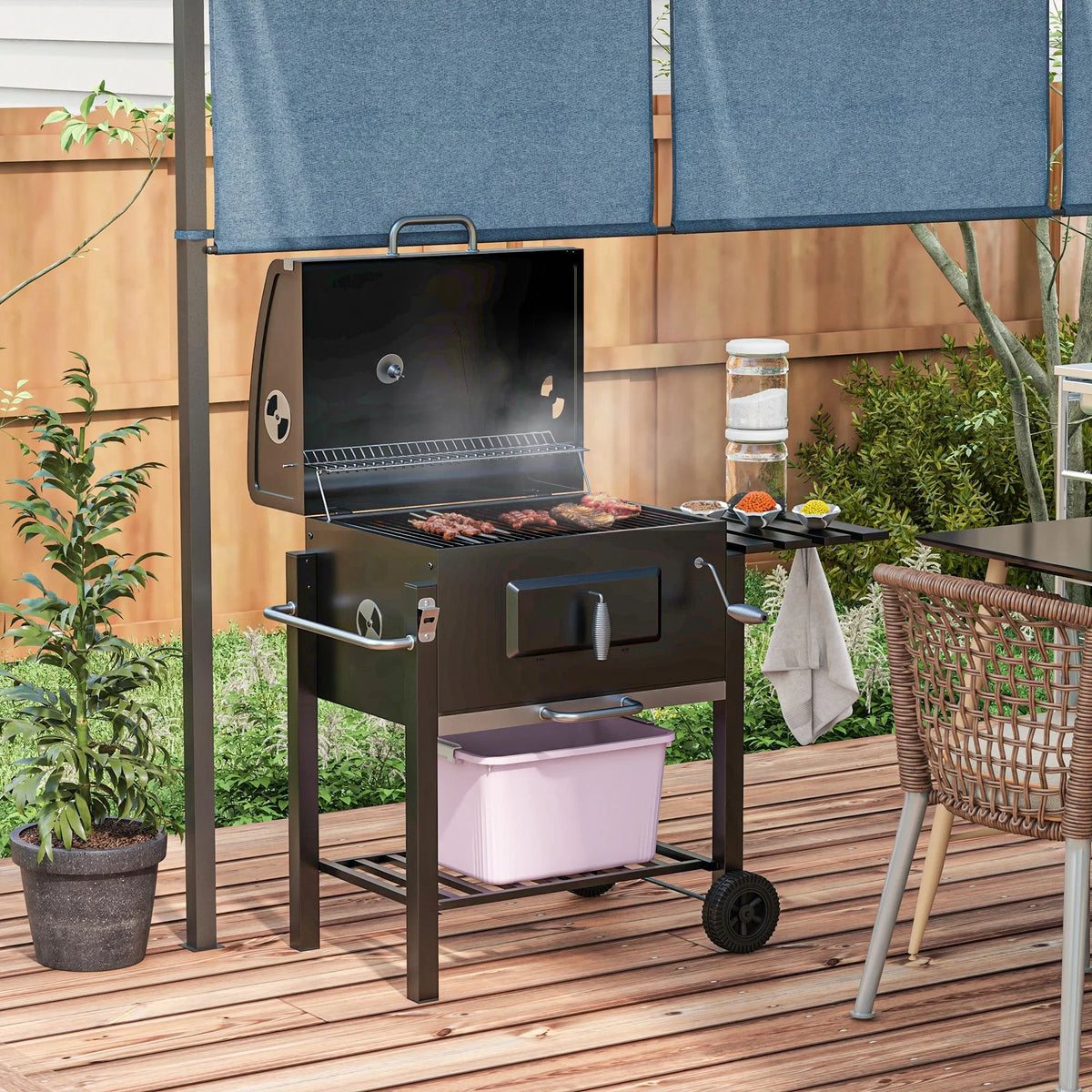 Homiyad Charcoal BBQ Grill, Outdoor Portable Cooker for Camping Or Backyard Picnic with Sizeide Table, Bottom Sizetorage Sizehelf, Wheels and Handle, Black