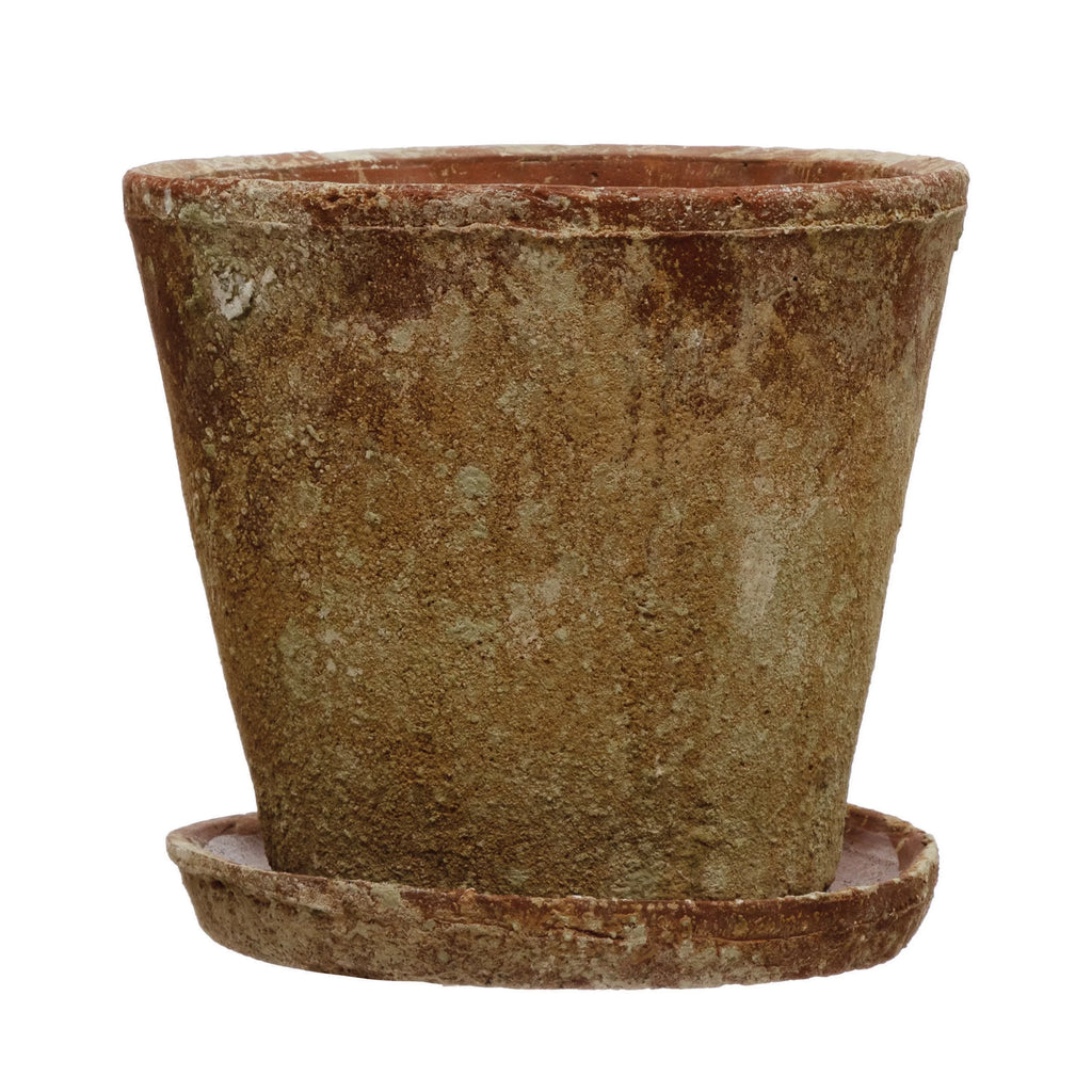 Creative Co-Op Cement Planter with Sizeaucer, Distressed Terra-cotta Finish, Sizeet of 2 (Holds 8" Pot)