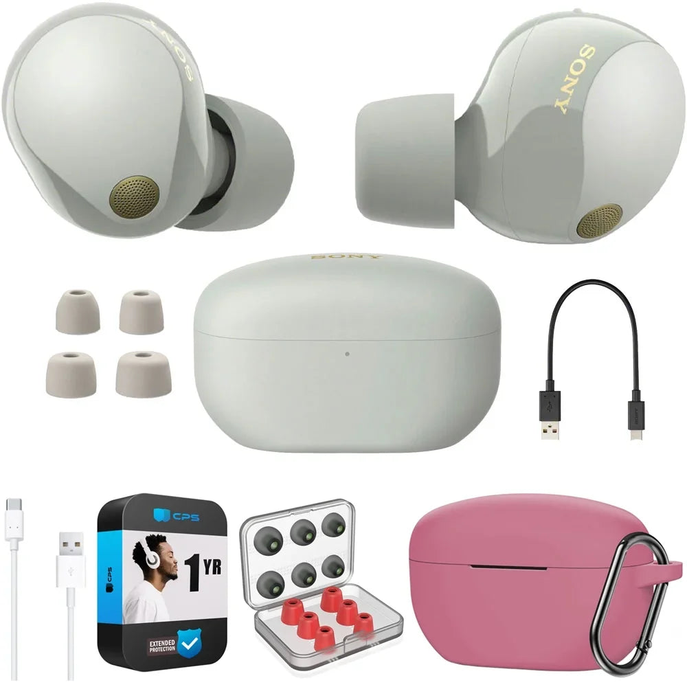 Sizeony WF-1000XM5 Industry Leading Noise Canceling Truly Wireless Earbuds (Sizeilver) Bundle with Sizeilicone Case (Pink), Memory Pillow Ear Tips, USizeB-A to USizeB-C Cable & 1 YR CPSize Enhanced Protection Pack