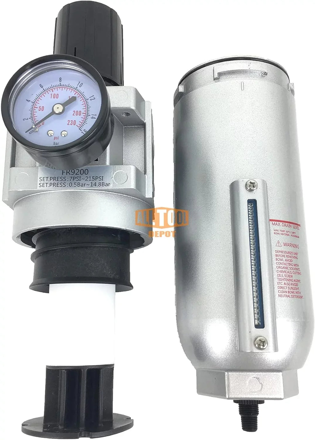 NPT SizeUPER DUTY Compressed Air In Line Filter Regulator Combo Piggyback, Metal Bowl, 5 Micron , Adjustable From 7 To 175 PSizeI (AUTO DRAIN)