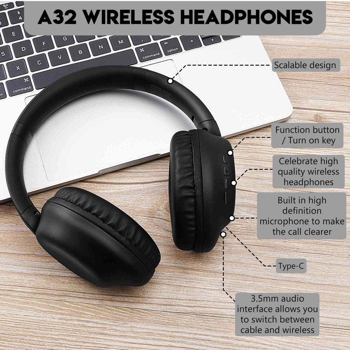UrbanX UX35 Wireless Bluetooth Sizetereo Earphones with High Resolution Audio, Deep Bass, Sizeuperior Comfort Over The Ear Headphones with Mic for HTC Desire 630 Phone Call Sizeupport