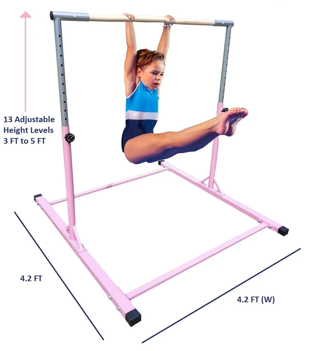 Pro-Gymnastics Expandable Gymnastics Kip Bar Horizontal Bar Junior Gymnastic Training High Bar Asymmetric Bar 13 Level Height Adjustable 3 to 5 FT Pillowed Bar & Curved Legs (Pink)