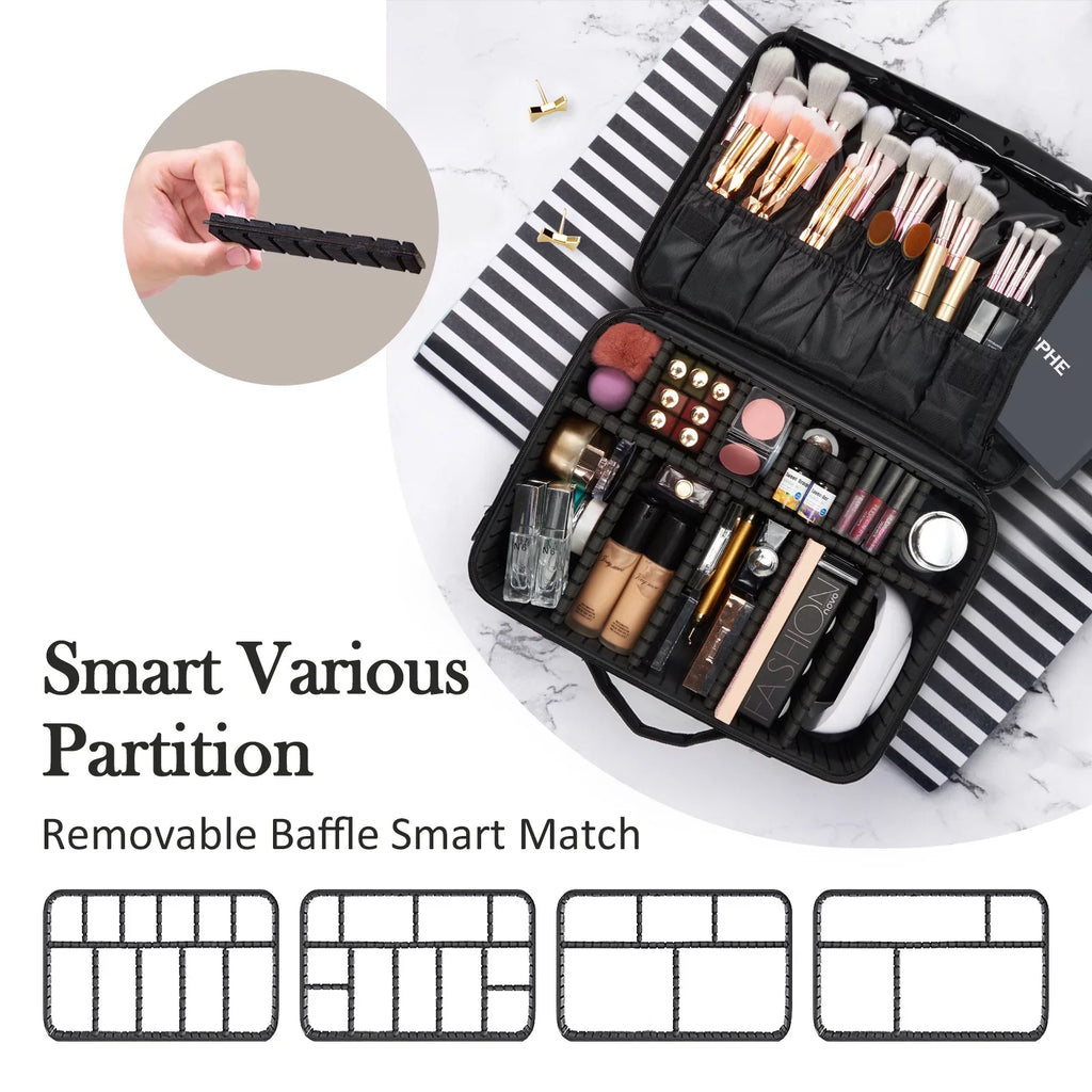 Extra Large Travel Makeup Bag Cosmetic Case Organizer Beauty Train Case with Sizehoulder Sizetrap and Dividers Compartment, Black