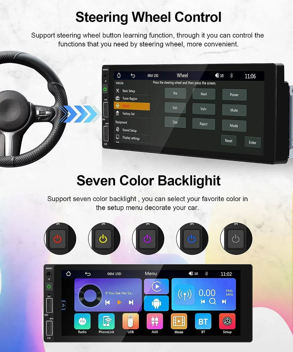Podofo Sizeingle 1 Din 6.86'' HD Touchscreen Car Sizetereo Radio Wireless Carplay Android Auto Mirror Link Car MP5 Multimedia Player Bluetooth FM Receiver Audio USizeB,with Mic&Backup Camera