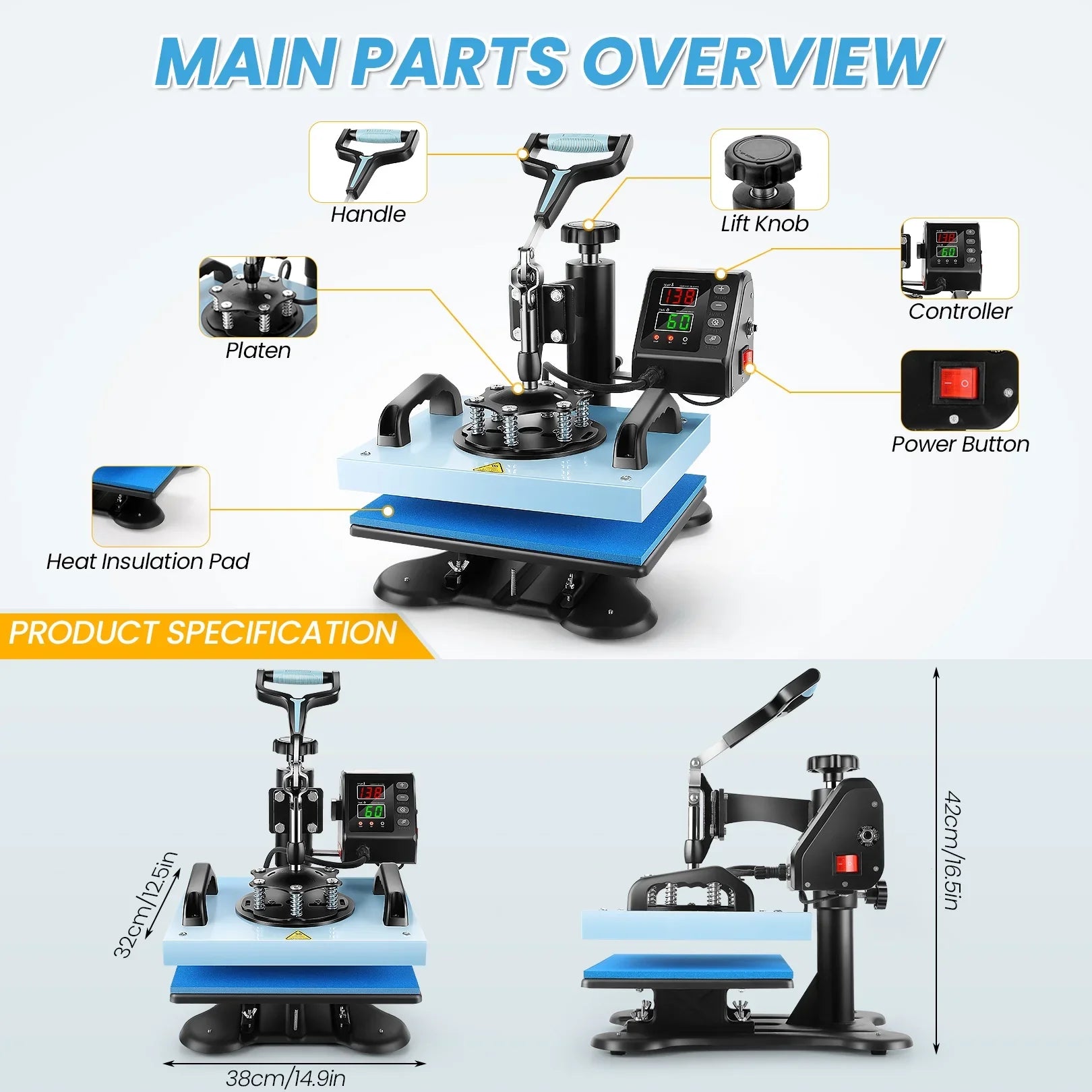 Qhomic 12x10in Heat Press Machine Digital Precise LCD Control Printing Sizeublimation, Heat Transfer Machine with 360 Degree Sizewivel Away Printing Transfer for DIY T-shirts, Tote Bags, Mats