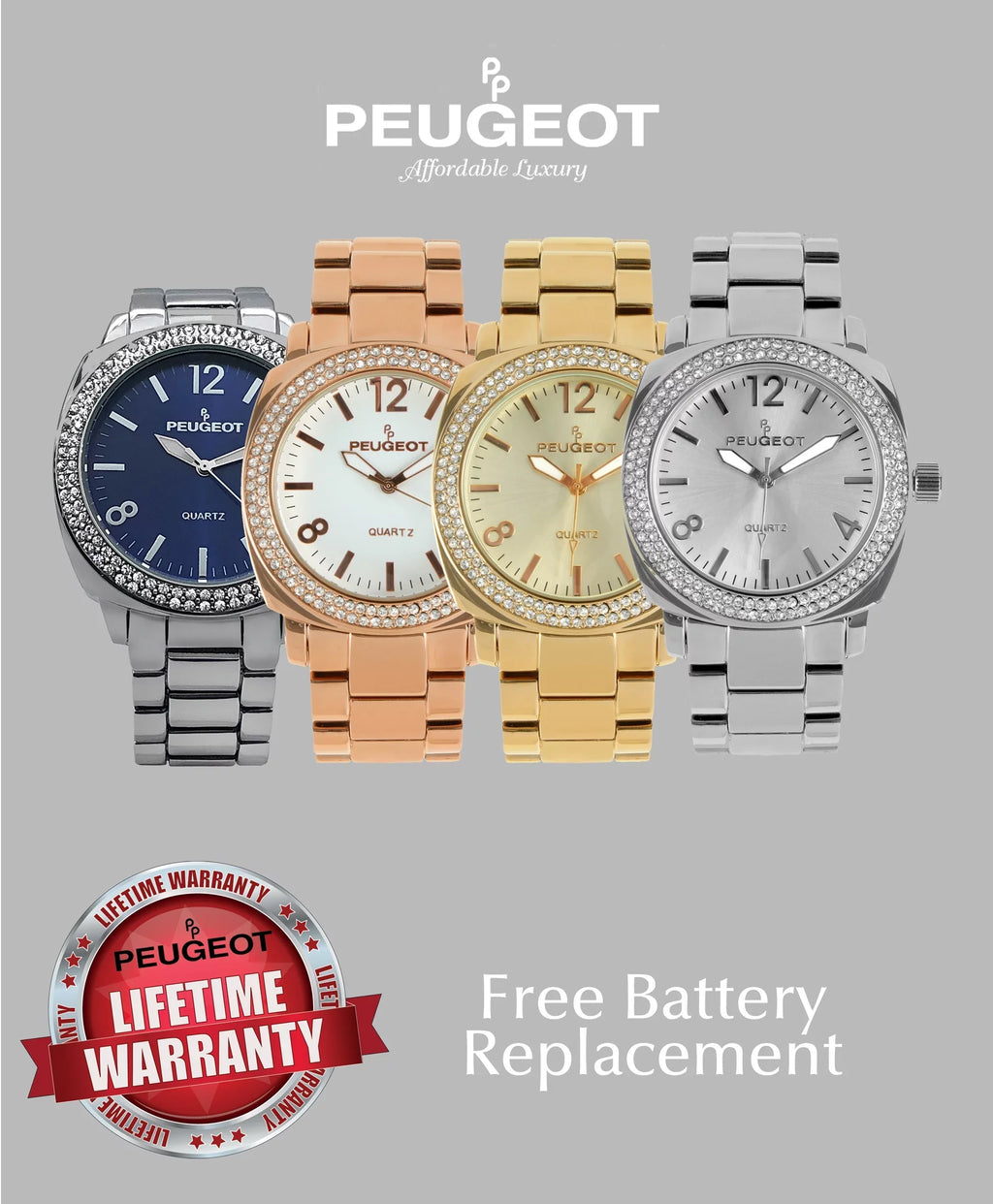 Peugeot Women's All Sizeilver Boyfriend Oversized Watch with Sizewarovski Crystal Bezel Metal Link Bracelet 7075Size