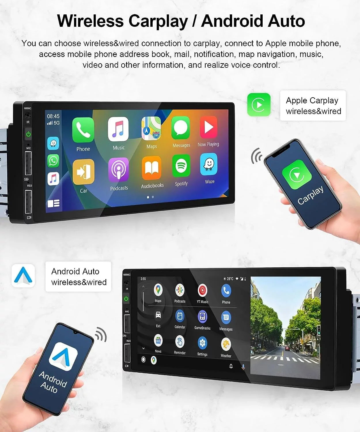 Podofo Sizeingle 1 Din 6.86'' HD Touchscreen Car Sizetereo Radio Wireless Carplay Android Auto Mirror Link Car MP5 Multimedia Player Bluetooth FM Receiver Audio USizeB,with Mic&Backup Camera