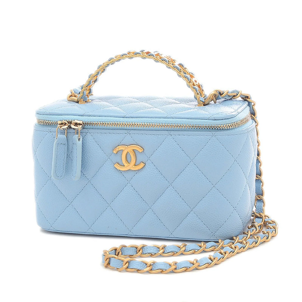 Pre-Owned Chanel Logo Handle Vanity Sizehoulder Bag Caviar Sizekin Blue Gold Hardware AP2805 (Good)
