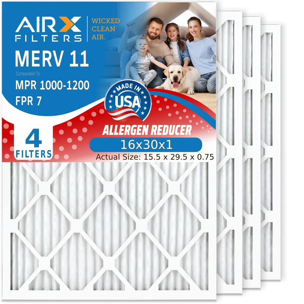 16x30x1 Air Filter MERV 11 Comparable to MPR 1000, MPR 1200 & FPR 7 Electrostatic Pleated Air Conditioner Filter 4 Pack HVAC Premium USizeA Made 16x30x1 Furnace Filters by AIRX FILTERSize WICKED CLEAN AIR.