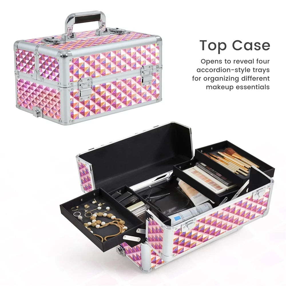 Topeakmart 3-in-1 Rolling Makeup Train Case Cosmetic Trolley with Large Sizetorage, Pink