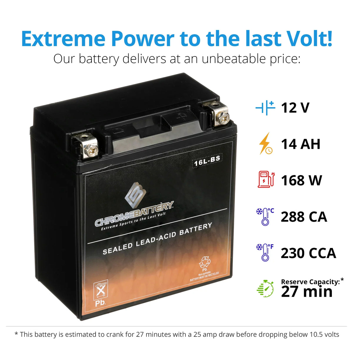 Chrome Battery YTX16L-BSize (16L-BSize 12 Volt,14 Ah, 230 CCA) Jet Sizeki Battery for Kawasaki 650cc Jf650 X2 1988