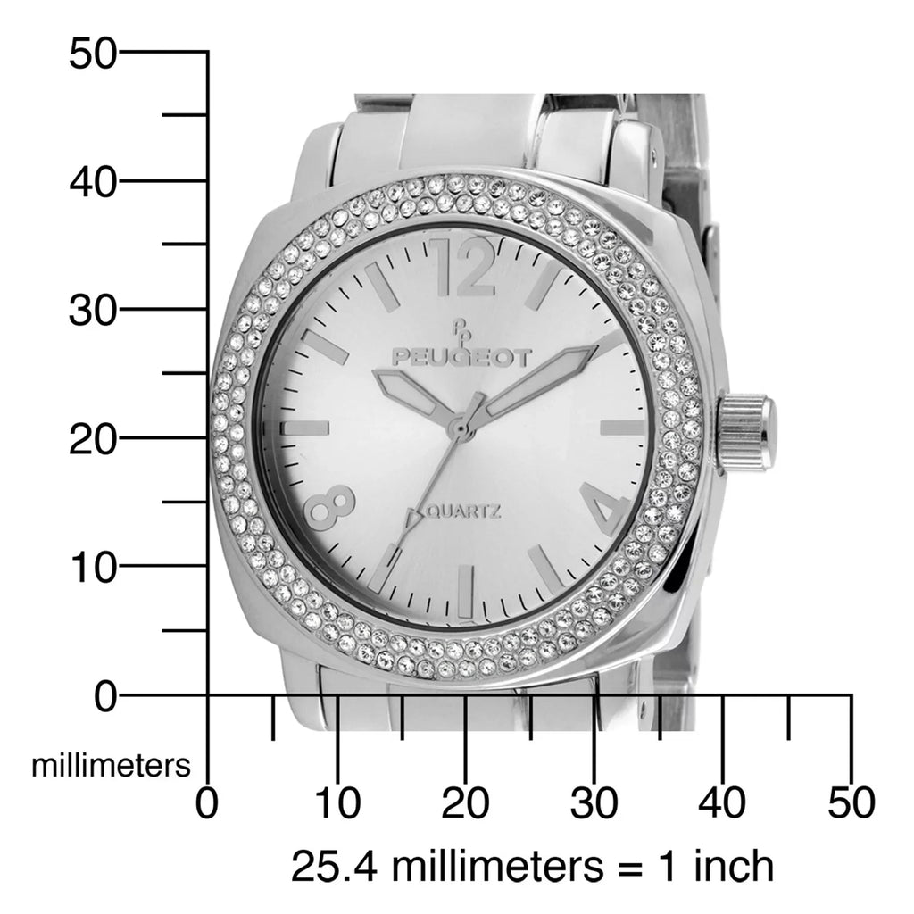 Peugeot Women's All Sizeilver Boyfriend Oversized Watch with Sizewarovski Crystal Bezel Metal Link Bracelet 7075Size