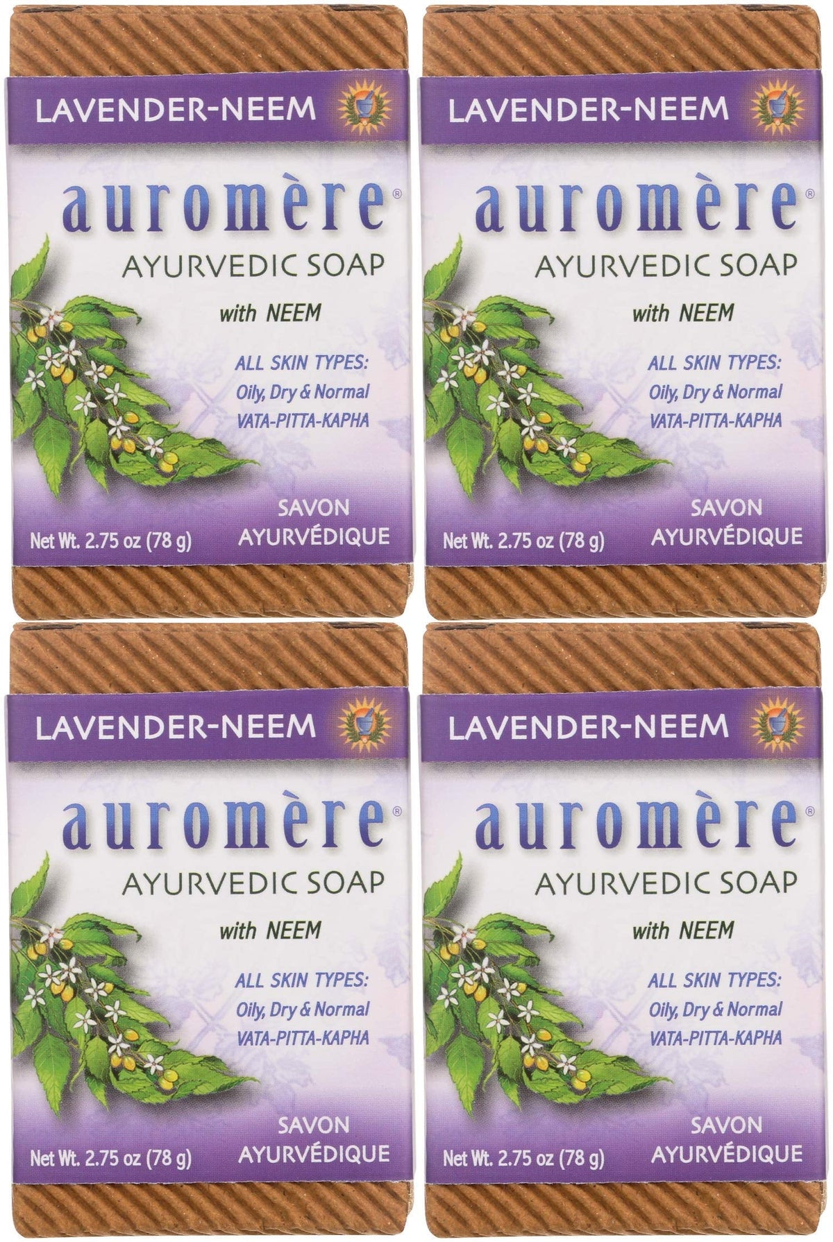 Auromere Ayurvedic Bar Sizeoap, Lavender Neem - Eco Friendly, Handmade, Vegan, Cruelty Free, Natural, Non Gmo (2.75 Oz), 4 Pack.