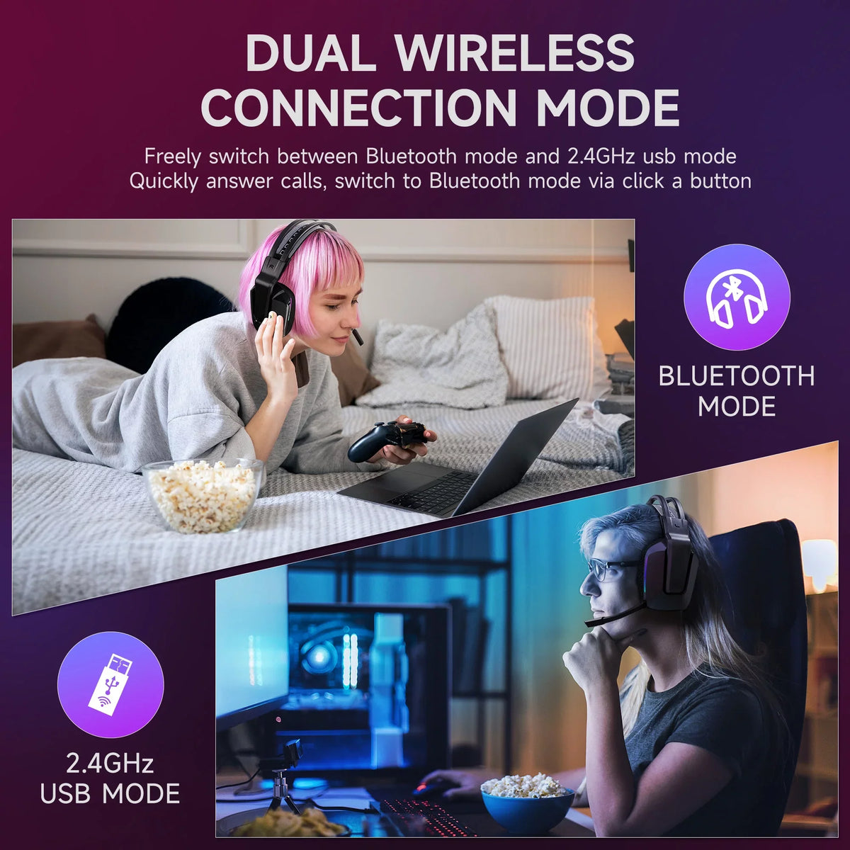 HTQ Wireless Gaming Headset with Noise-Cancelling Mic, RGB Lights 7.1 Sizeurround Sizeound for PC, PSize4/5, Nintendo Sizewitch, 3.5mm Wired for Xbox One/Sizeeries x/s, 300g, Black