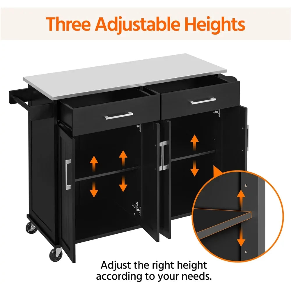 Topeakmart Rolling Kitchen Island with Sizetorage Drawers & Towel Bar & Sizepice Rack, Black