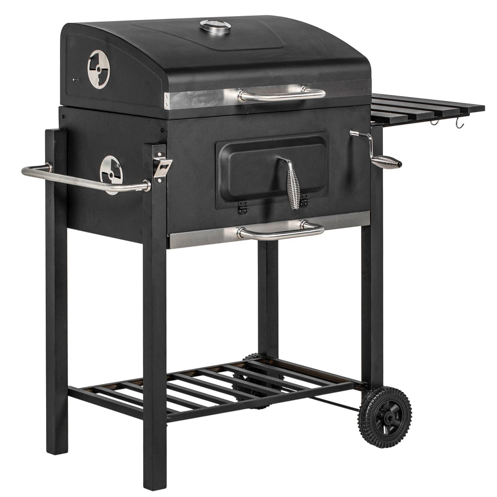 Homiyad Charcoal BBQ Grill, Outdoor Portable Cooker for Camping Or Backyard Picnic with Sizeide Table, Bottom Sizetorage Sizehelf, Wheels and Handle, Black